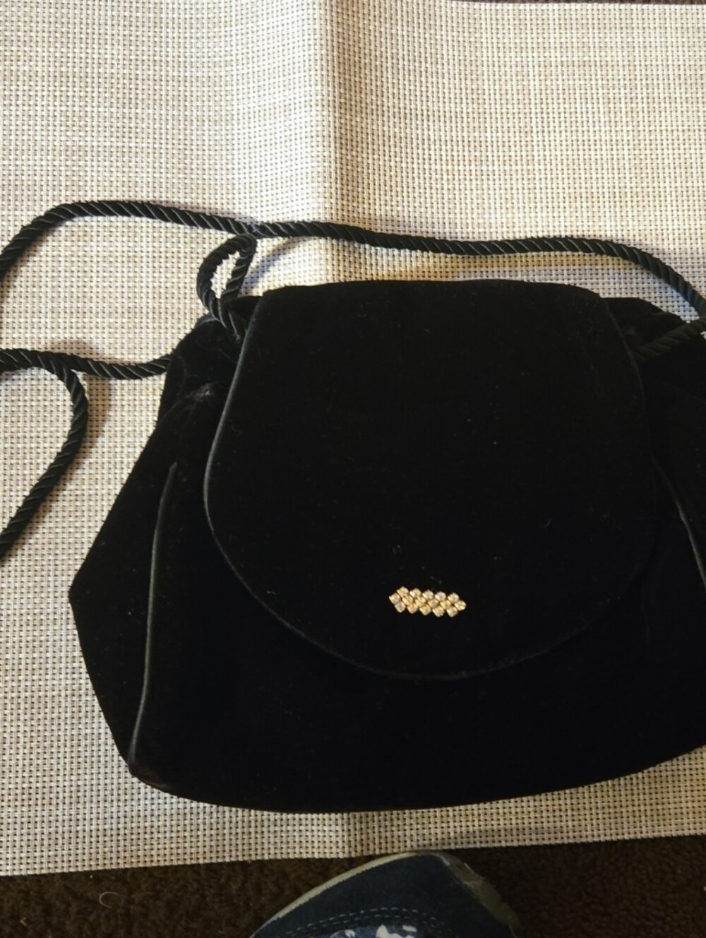 Whitney And Davis Black Velvet Crossbody Purse with Gold And Rhinestone Detail.